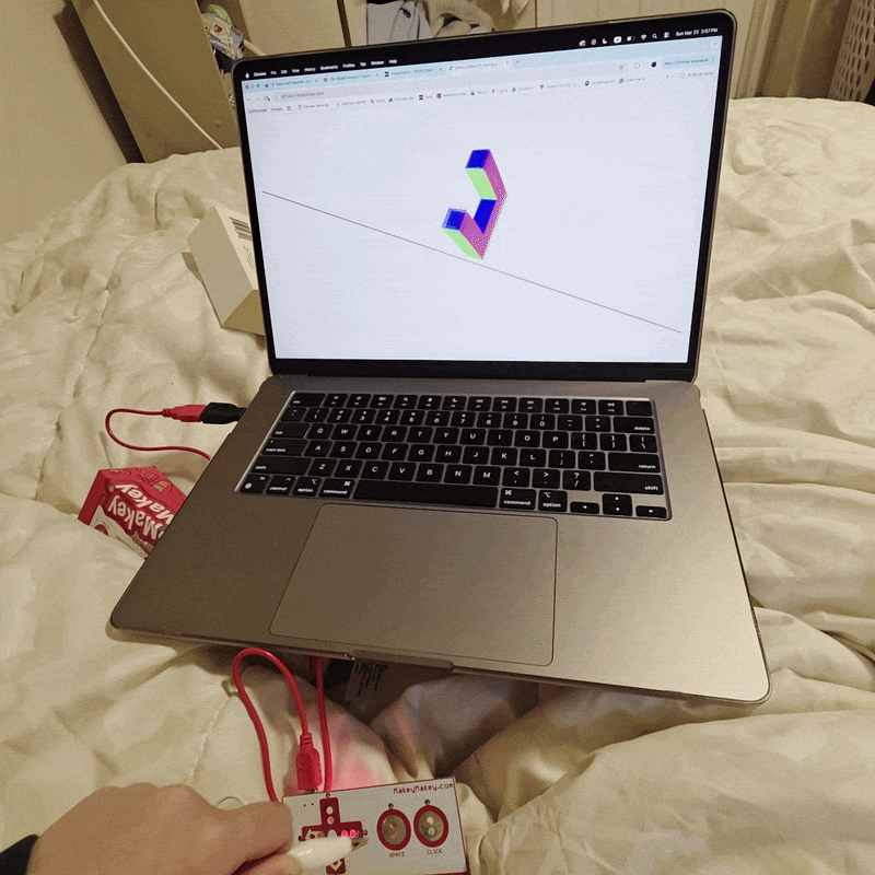 Using different code with the Makey Makey, with the letters being 3D and spinning to spell the word code