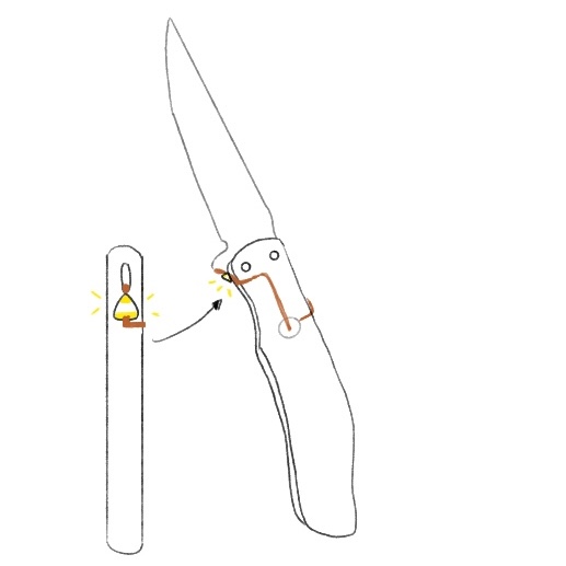 The drawing illustrates how a circuit could be integrated into the butterfly knife. Once opened, the circuit would light up, as a small metal component would complete the circuit.